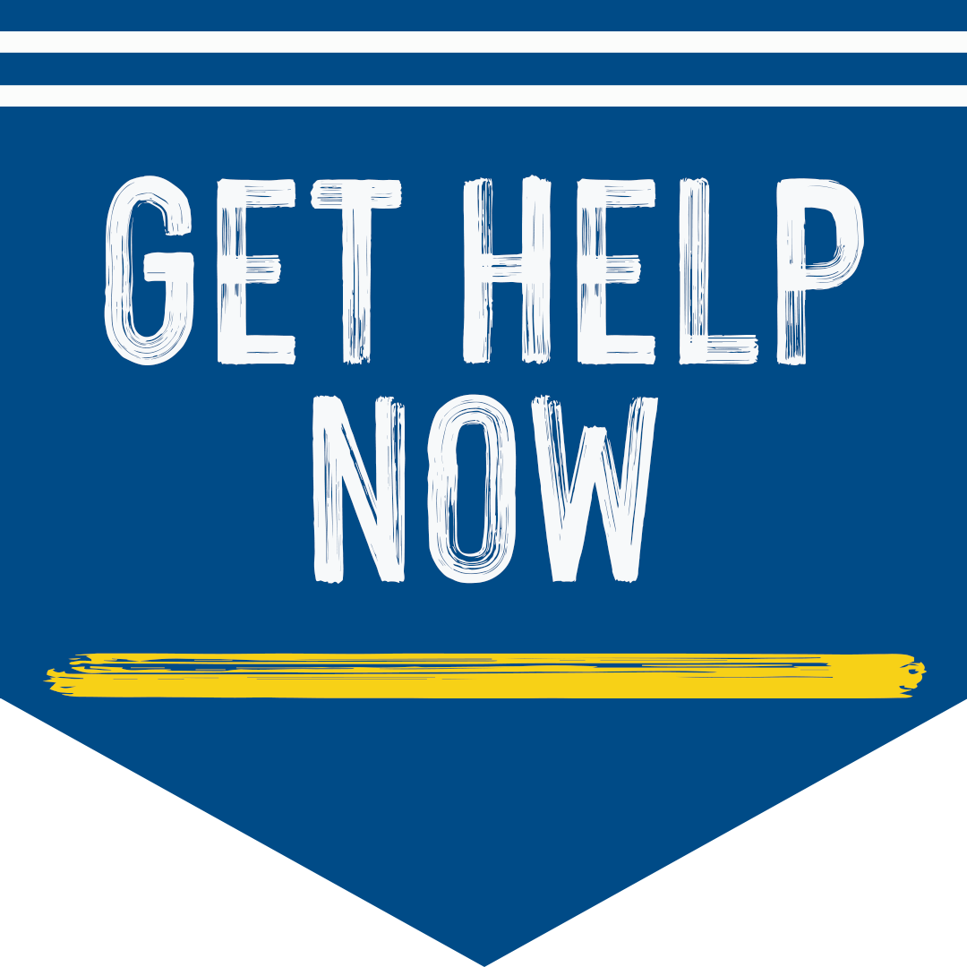 Blue irregular pentagon shape with the words