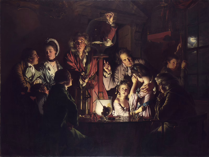 Joseph Wright 'of Derby' An Experiment on a Bird in the Air Pump 1768 Oil on canvas, 183 × 244 cm Presented by Edward Tyrrell, 1863 NG725 https://www.nationalgallery.org.uk/paintings/NG725